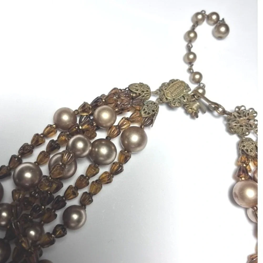 Vintage Miriam Haskell 5-Strand Necklace Amber Glass Pearl Signed Designer 50s